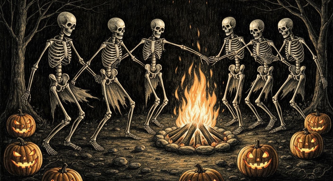 Skeletons Dancing Around Campfire: Charcoal Drawing