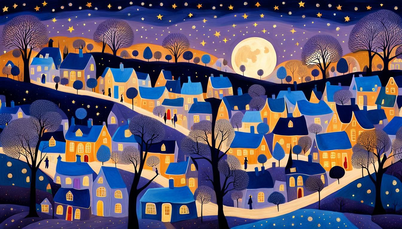Enchanting Village Under Starry Moon in Oil Painting Style