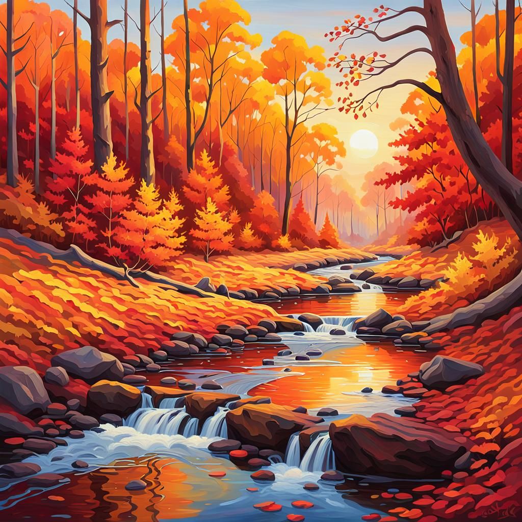Autumn Stream in a Vibrant Forest