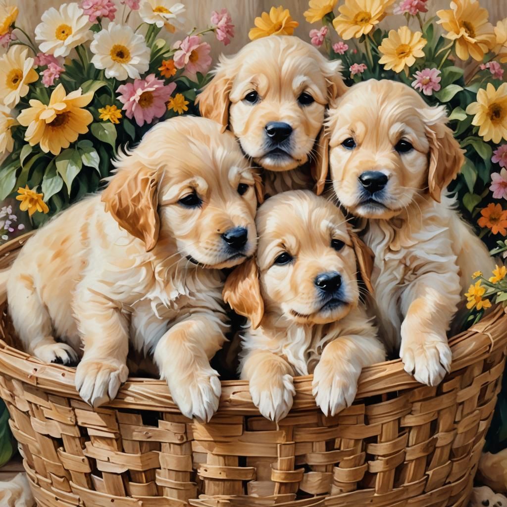 Golden Retriever Puppies in Impressionist Floral Basket