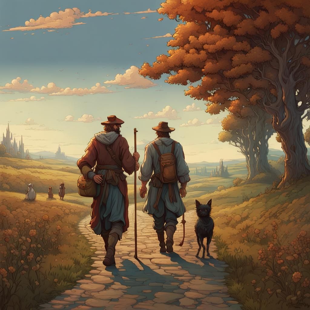 Medieval Peasant and Dog on Rural Path