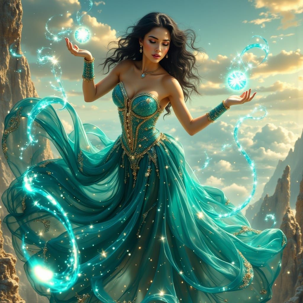 Latina Enchantress on Magic Carpet in Hyperrealistic Style
