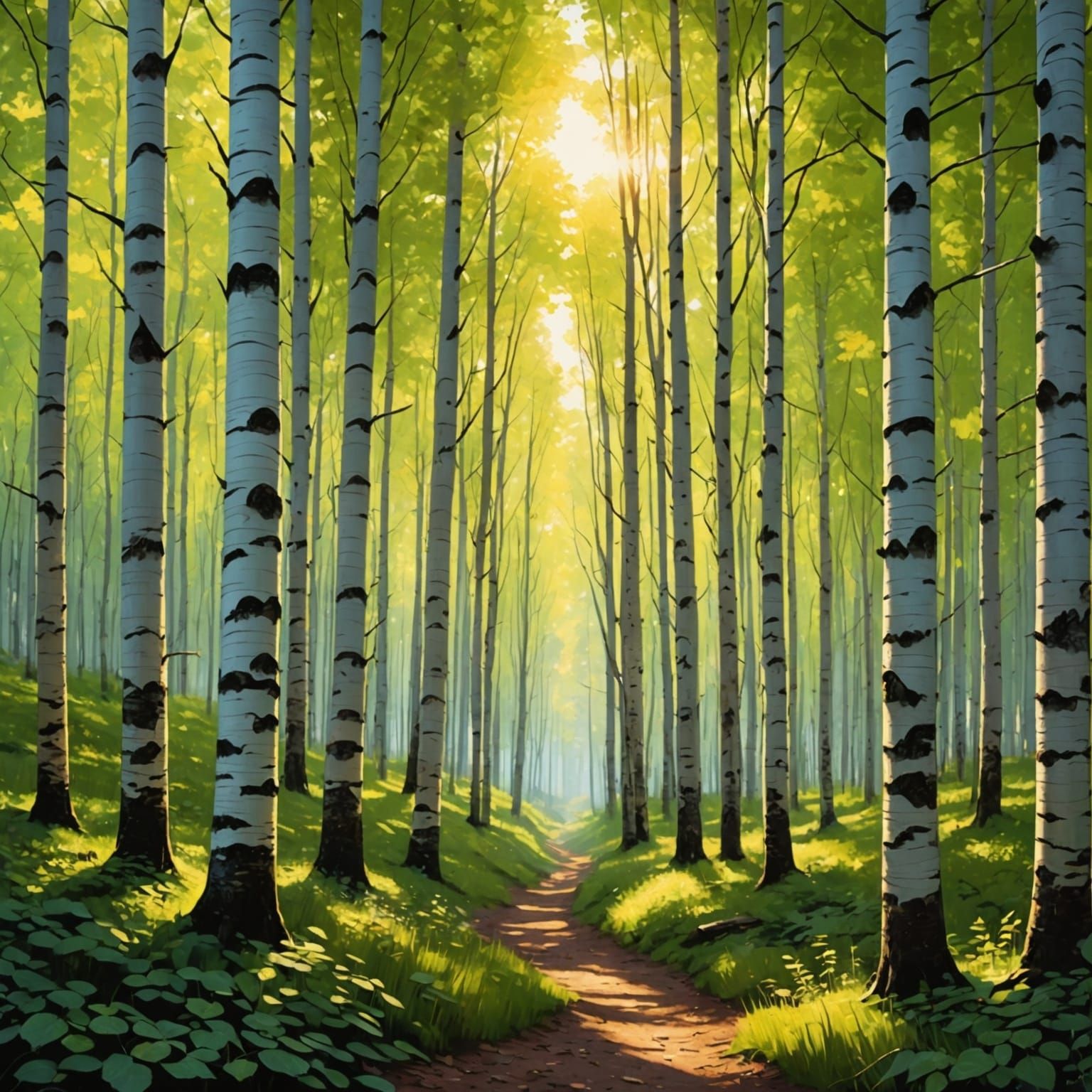 Birch Forest with Crepuscular Rays in Pre-Raphaelite Style