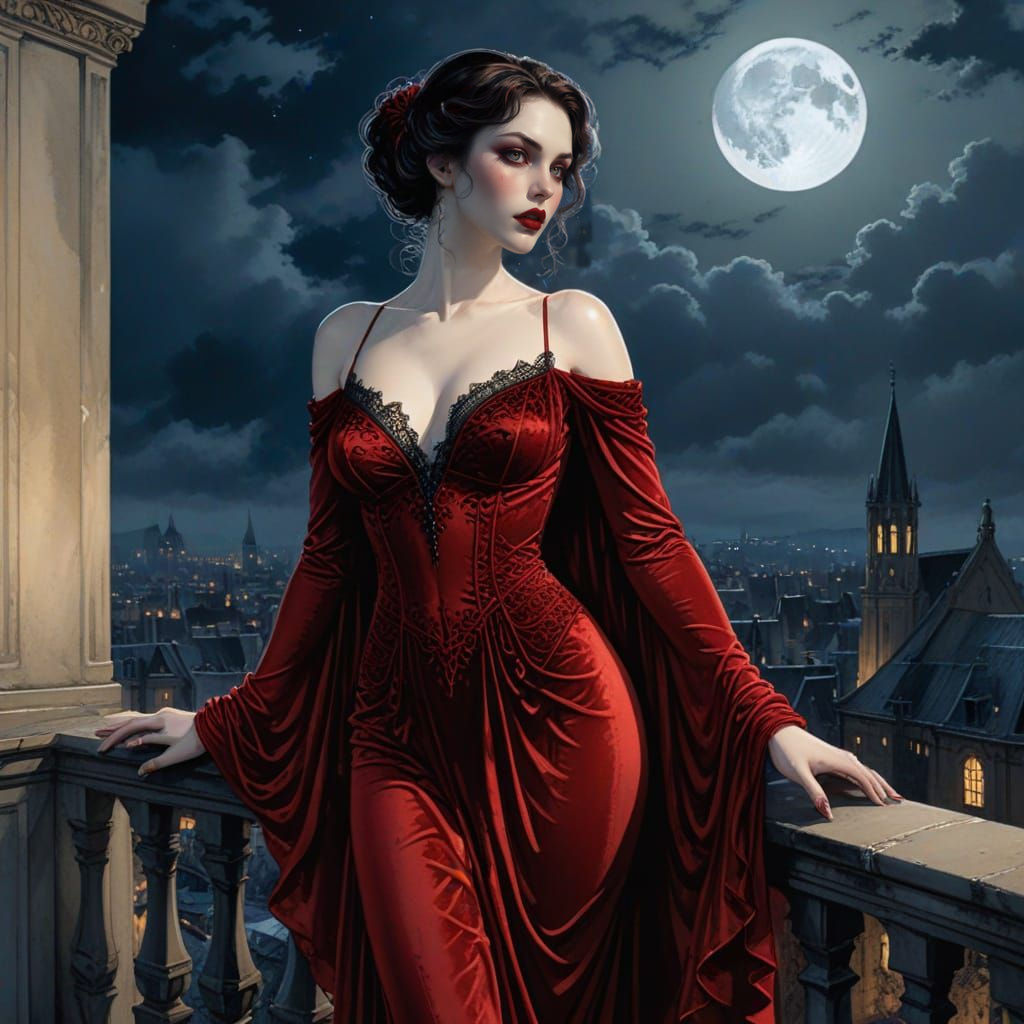 Seductive Vampire on Moonlit Balcony in Milo Manara Style