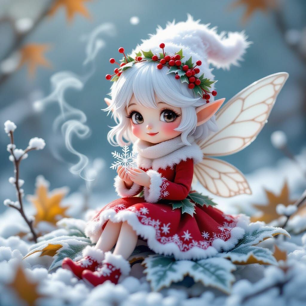 Cute Fairy with Snow Dandelion Head Sits on Frosty Leaf