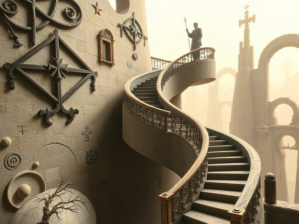 Surreal Staircase with Impossible Geometry, Art Nouveau Styl...