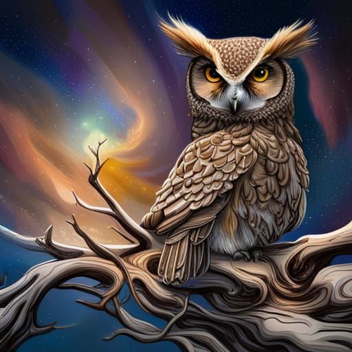 Hyperrealistic Owls in Starry Night Scene