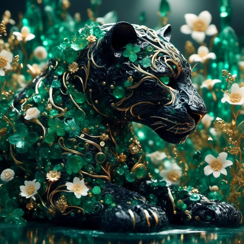 Black Jaguar in Emerald Garden: Hyperrealistic Image