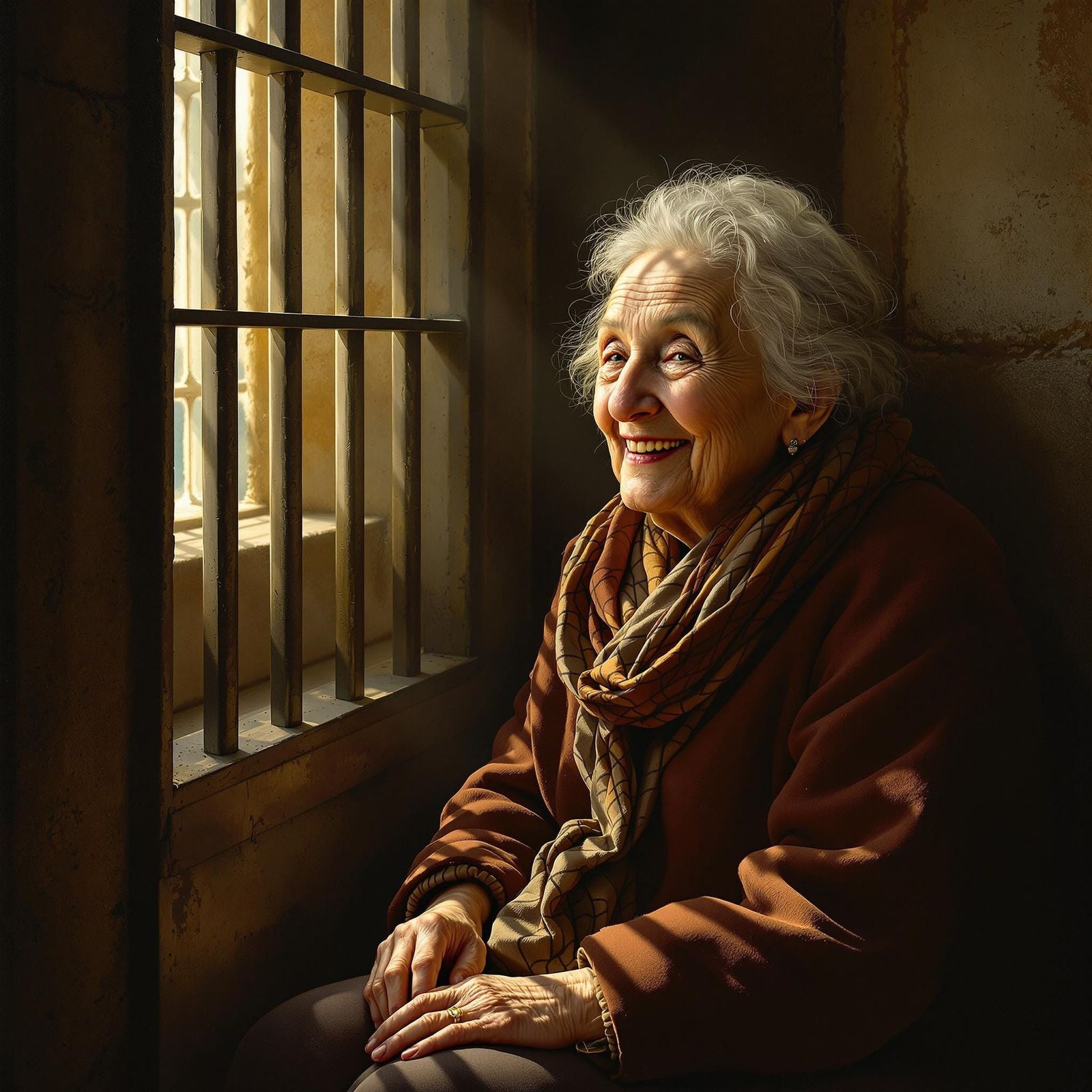 Peaceful Old Woman in Prison Cell in Classical Style