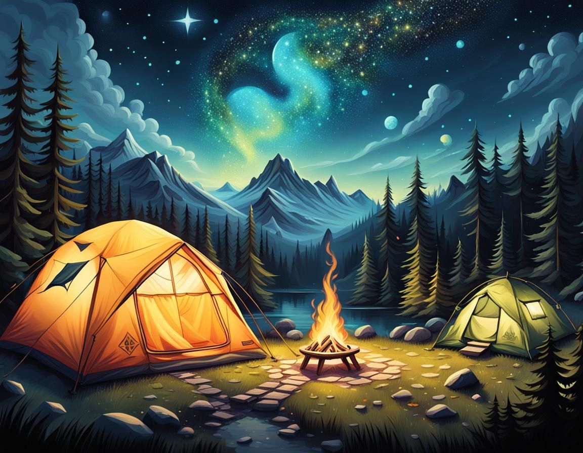 Calming illustrations featuring cozy campsites with tents, warm campfires, and beautiful scenery like forests, mountains...