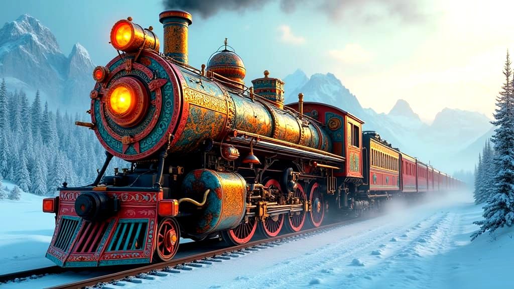 Steampunk Aztec Locomotive in Winter Mountains