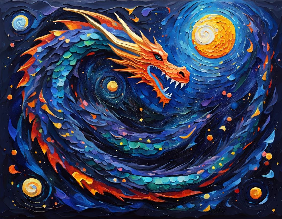 Cosmic Dragon Painting with Swirling Galaxies & Moon