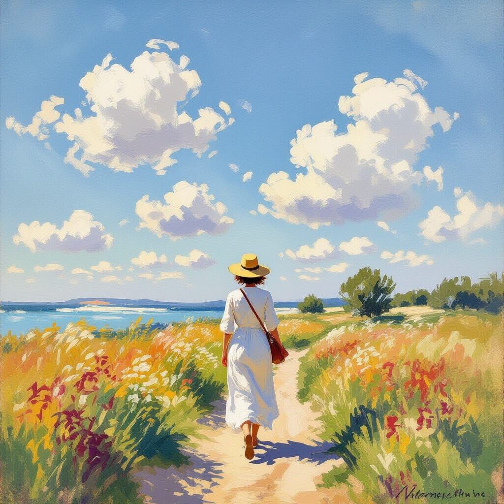 Impressionist Painting of Sunlight Walk with Feathery Brushs...