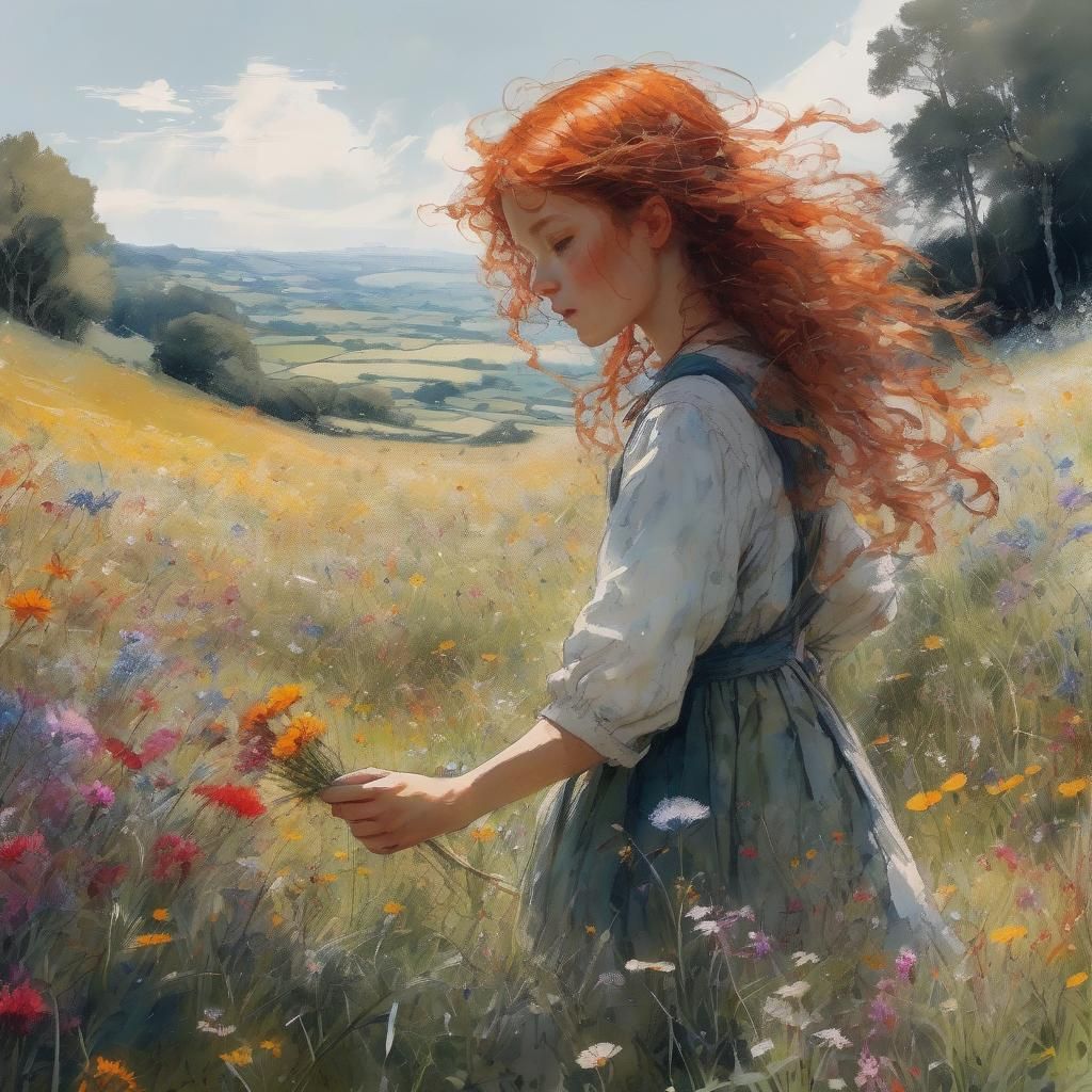 Girl Picking Wildflowers: A Digital Fairy Tale Art