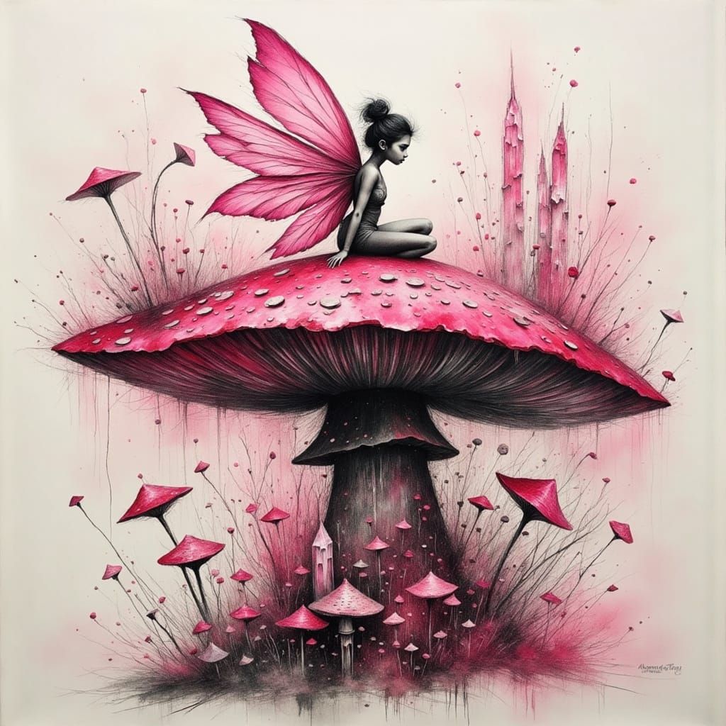 Pink Fairy in Charcoal Sketch Style