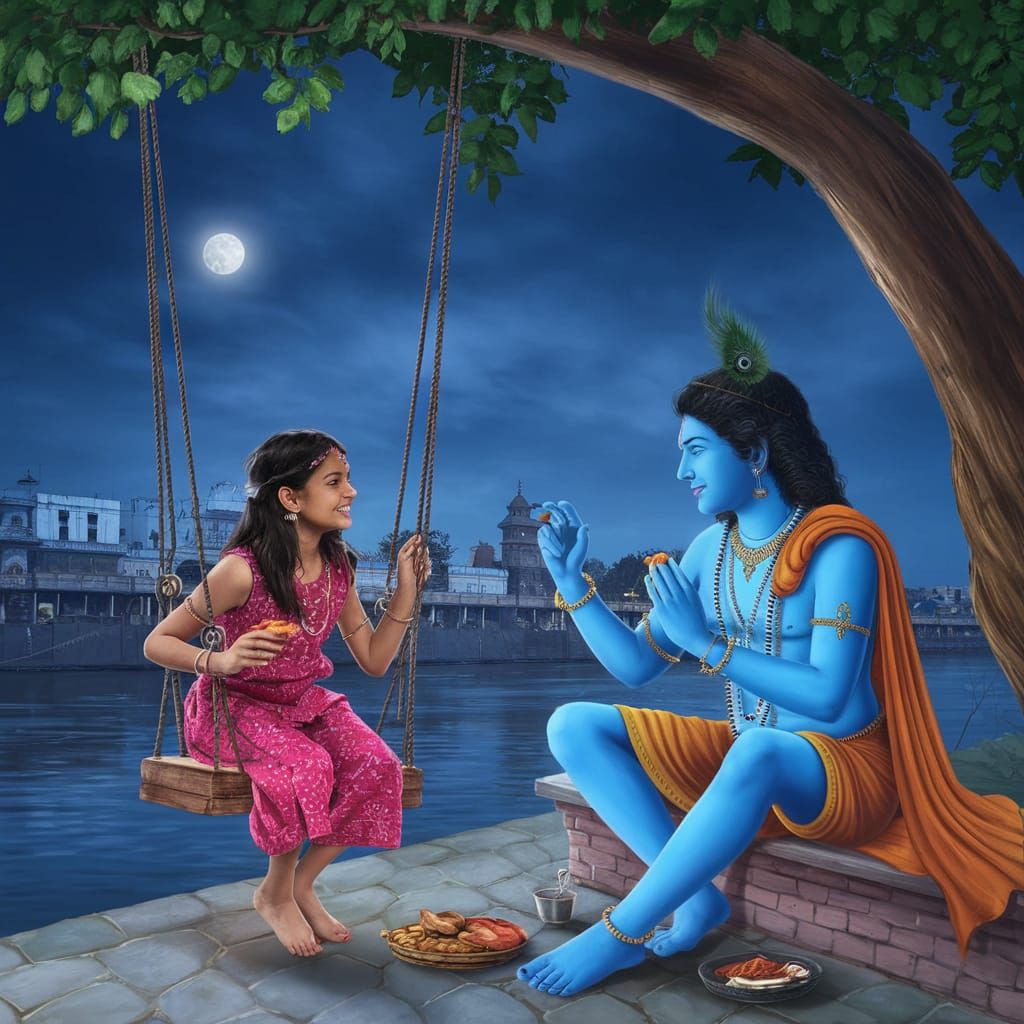Lord Krishna and a Young Devotee Share a Joyful Moment by th...