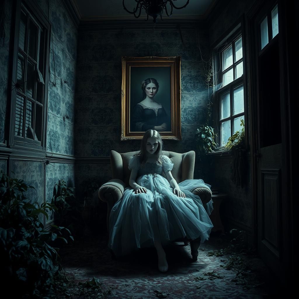 Haunted House Interior with Ghost Girl, Photorealistic Style