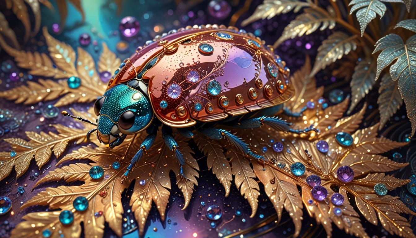 Ornate Ladybug with Fractal Gems and Gold Glitter