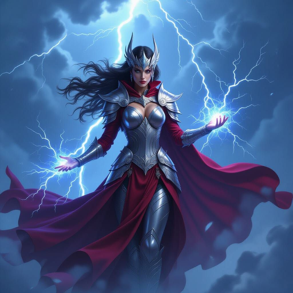 Storm Queen in Silver Armor Amidst Lightning