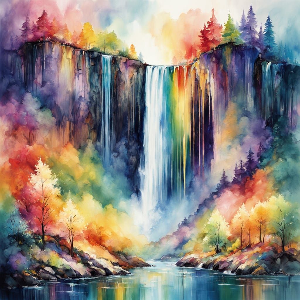 Rainbow Waterfall in Dreamlike Landscape