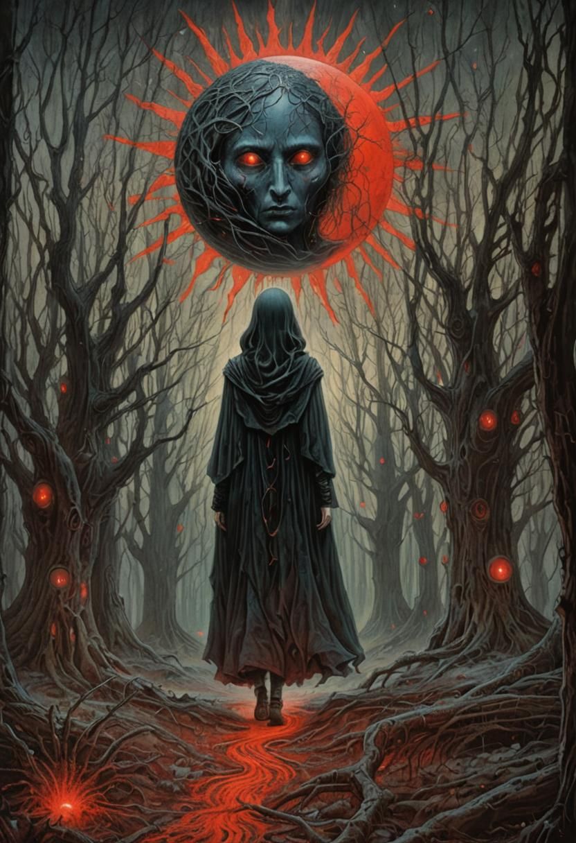 Mysterious Cosmic Illustration of Moonlit Forest