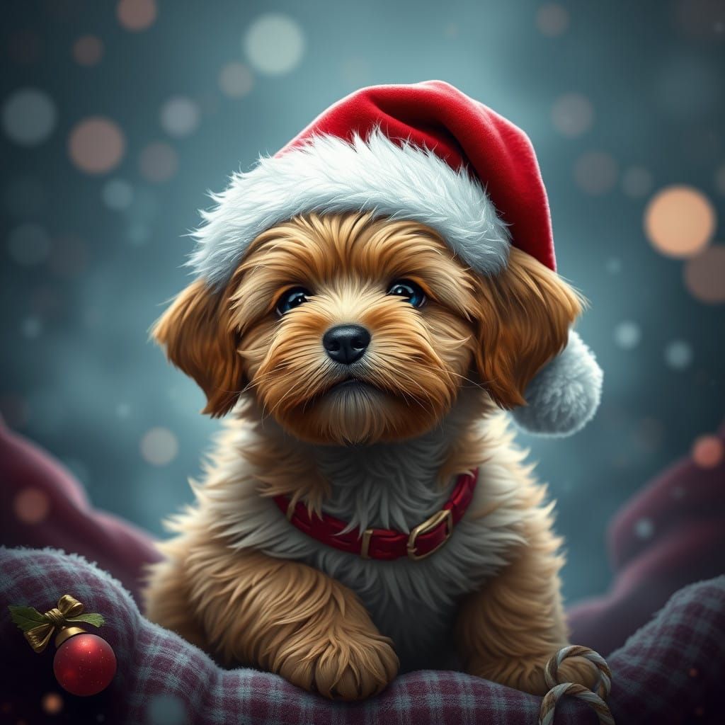 Surreal Shipoo Puppy in Santa Hat, Detailed in Vibrant Fanta...