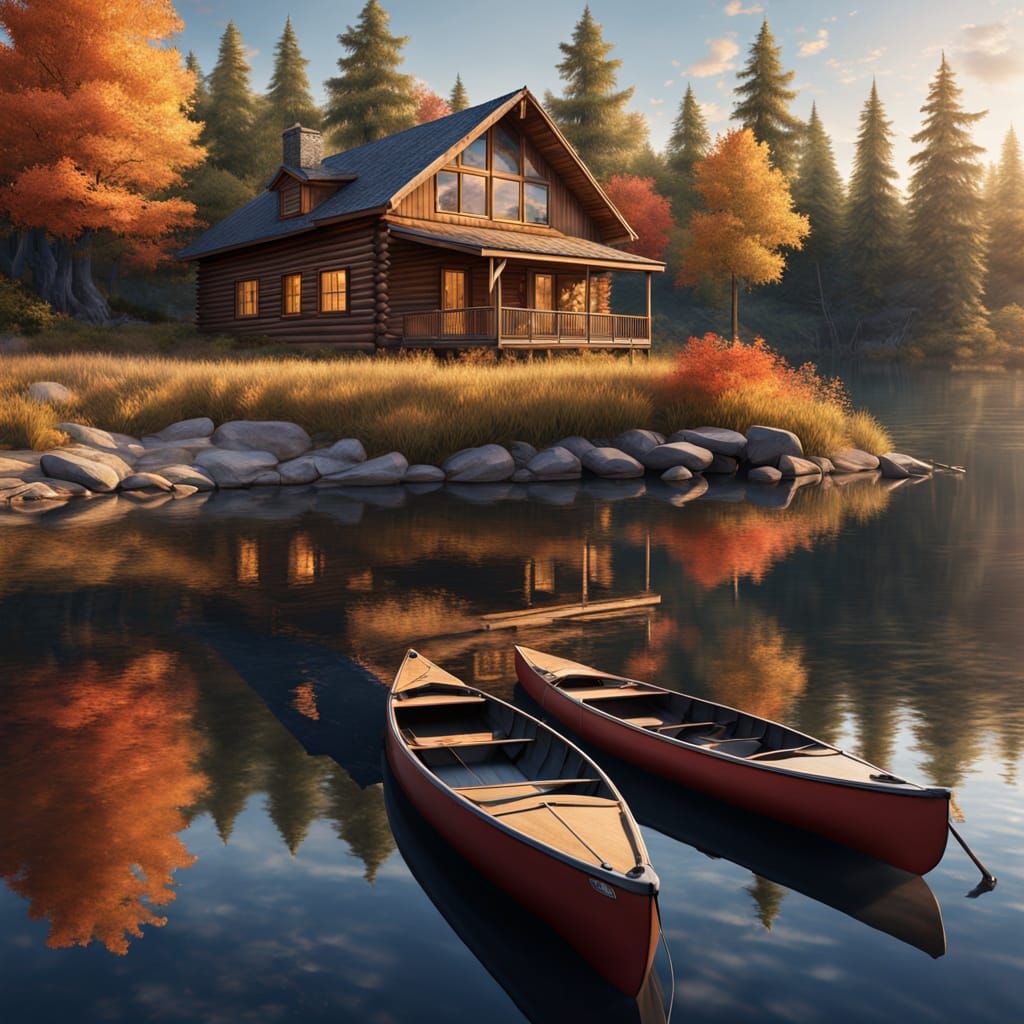 Serene Autumn Lake Cabin at Sunset