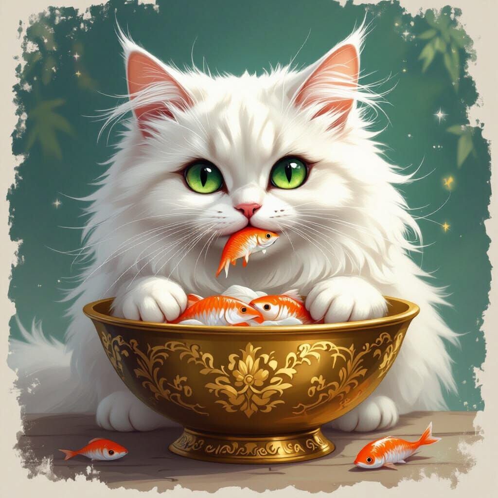 White Cat Enjoys Fish in Fantasy Art Style