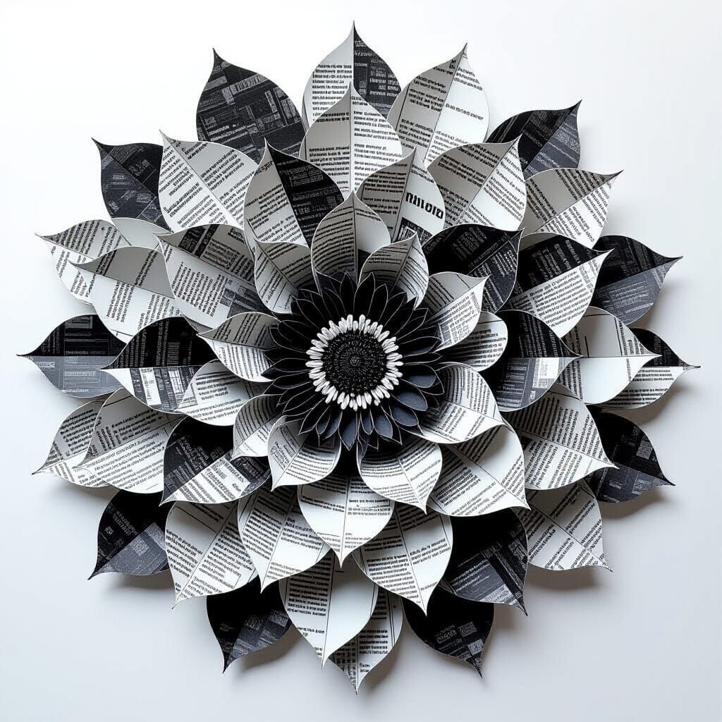 Modern Newspaper Flower in Charcoal Drawing Style