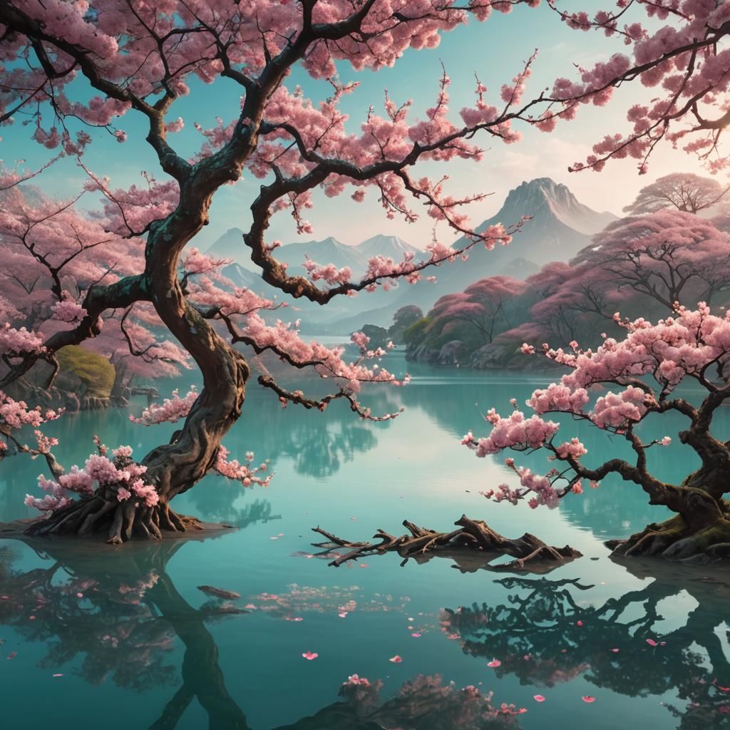 Pink Sakura Tree by Lake: Fantasy Landscape Art