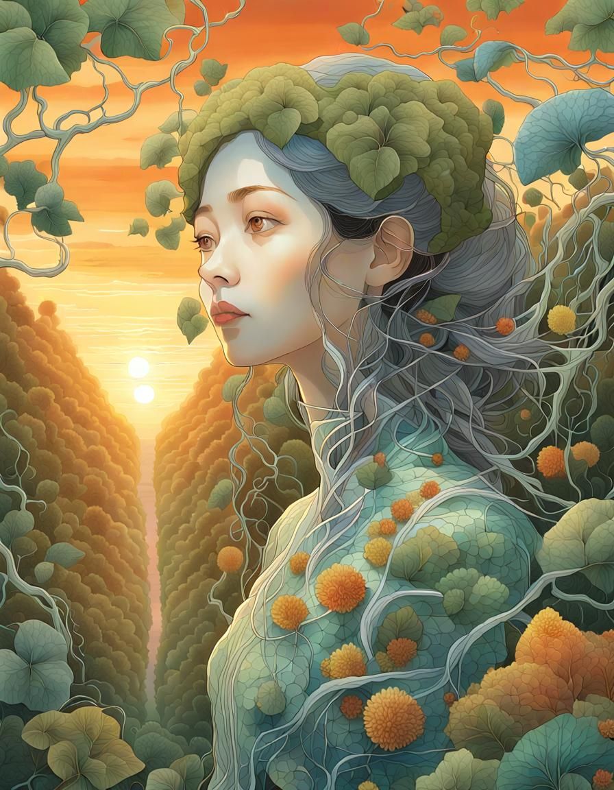 Sunset Human-Plant Hybrid in Warped Forest Perspective