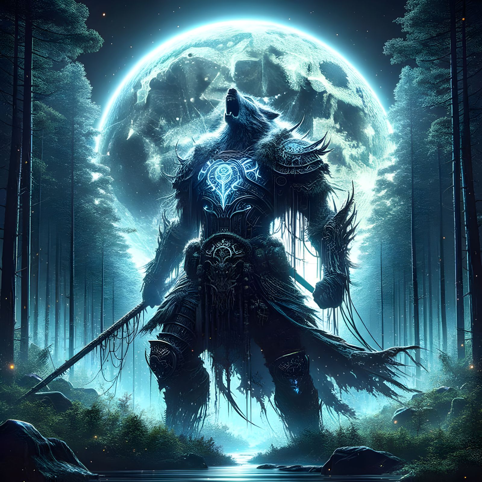 Fantasy Warrior Howling Under Moonlight