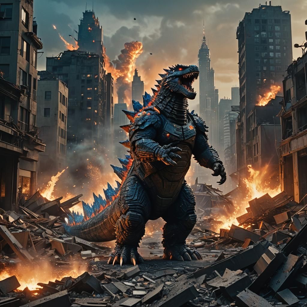 SpaceGodzilla Roars in Cityscape: Cinematic Film Still