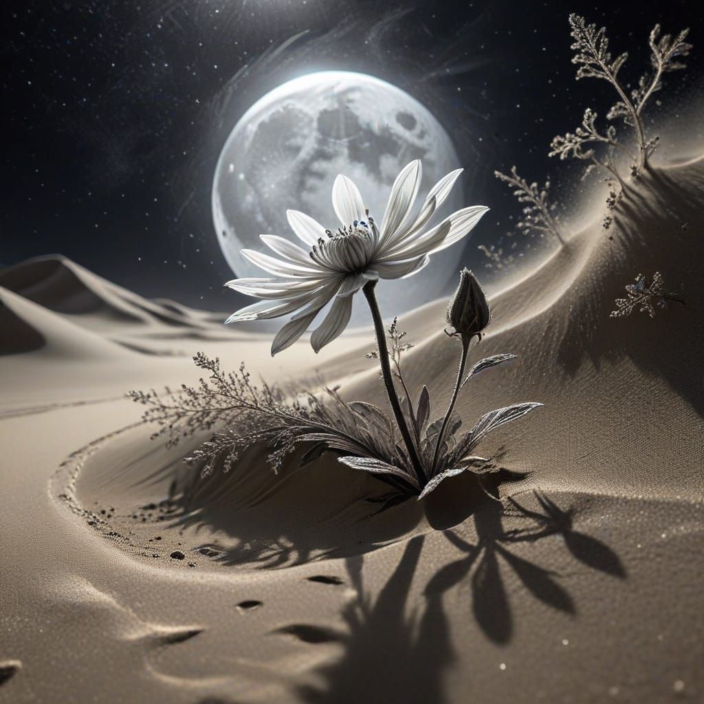 Ethereal Charcoal Drawing: Flower in Desert Moonlight
