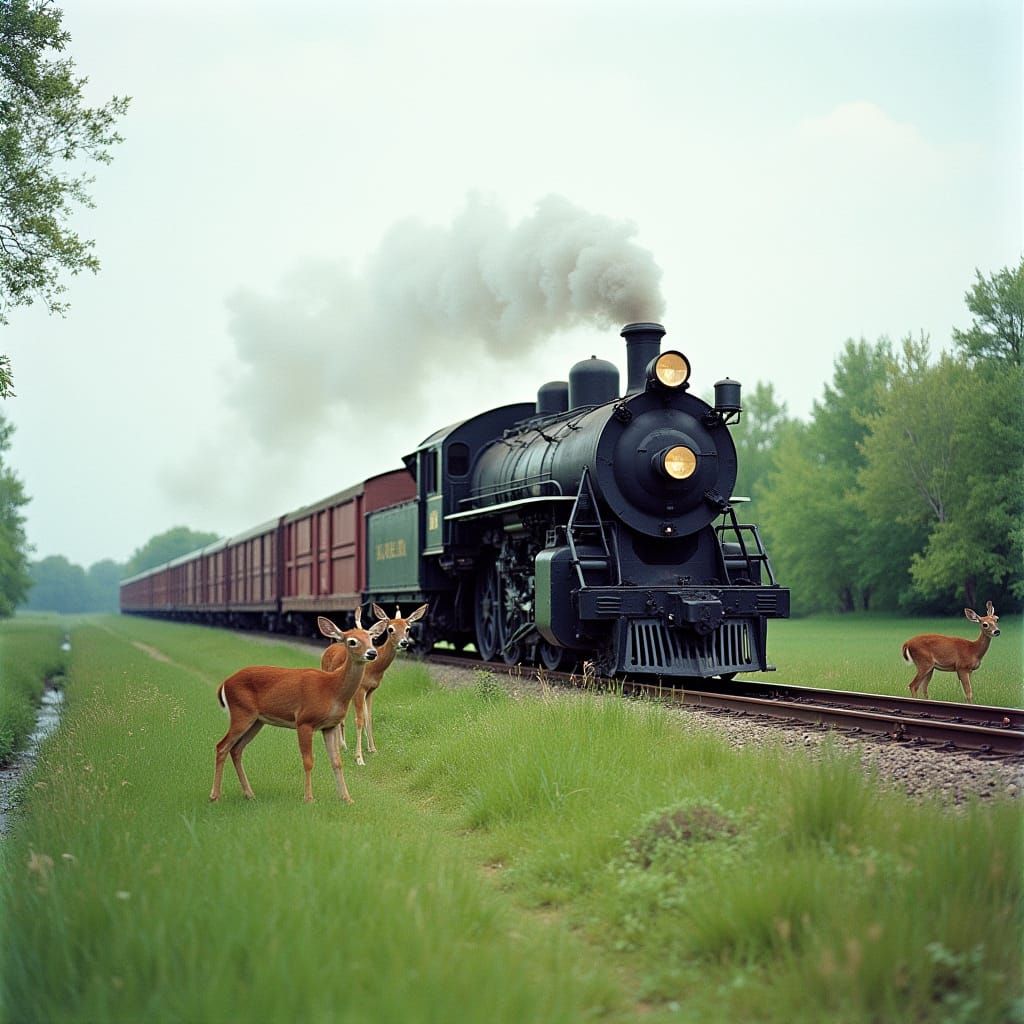 Vintage Steam Train with Deer in Summer Field