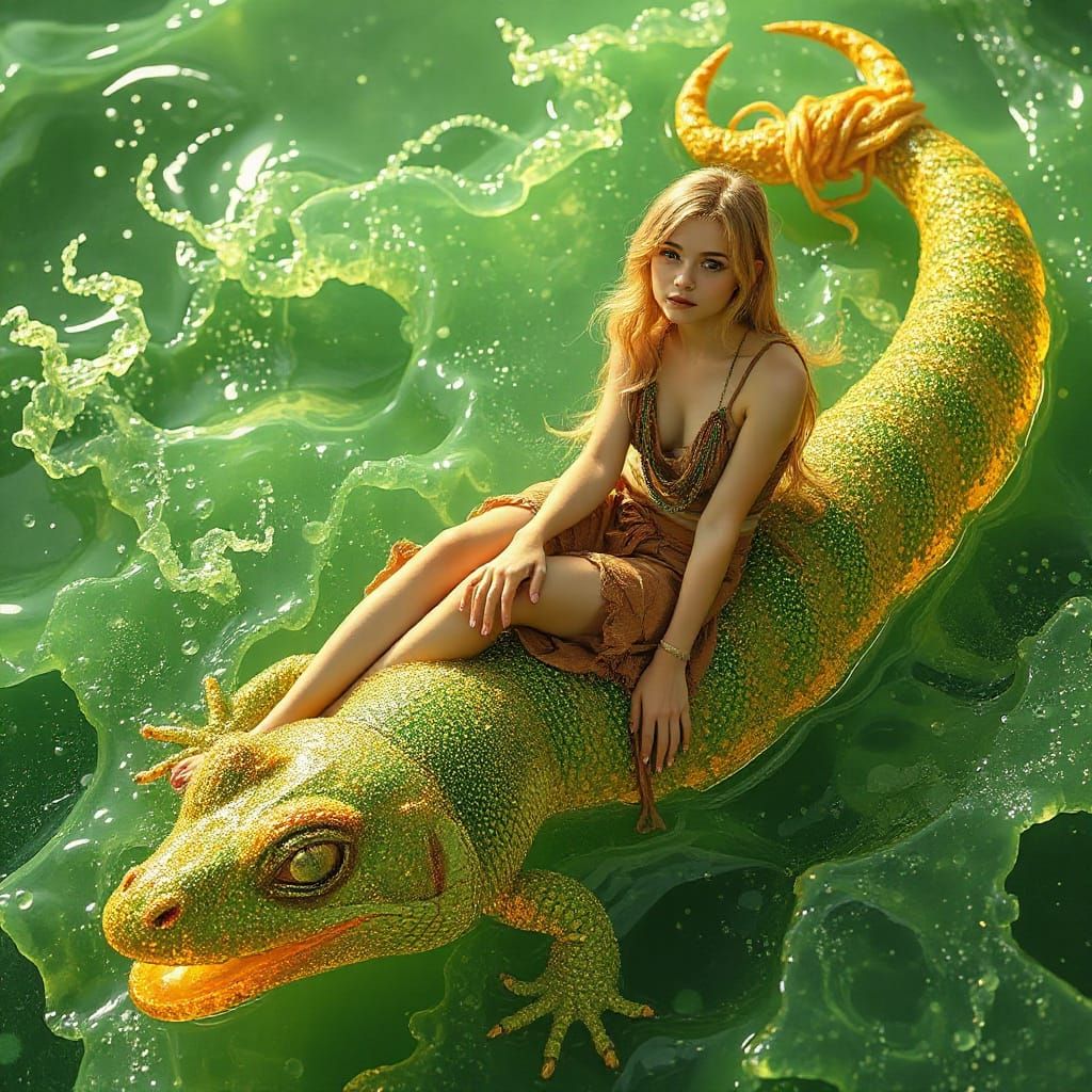 Woman on Gummy Salamander in Soda Sea