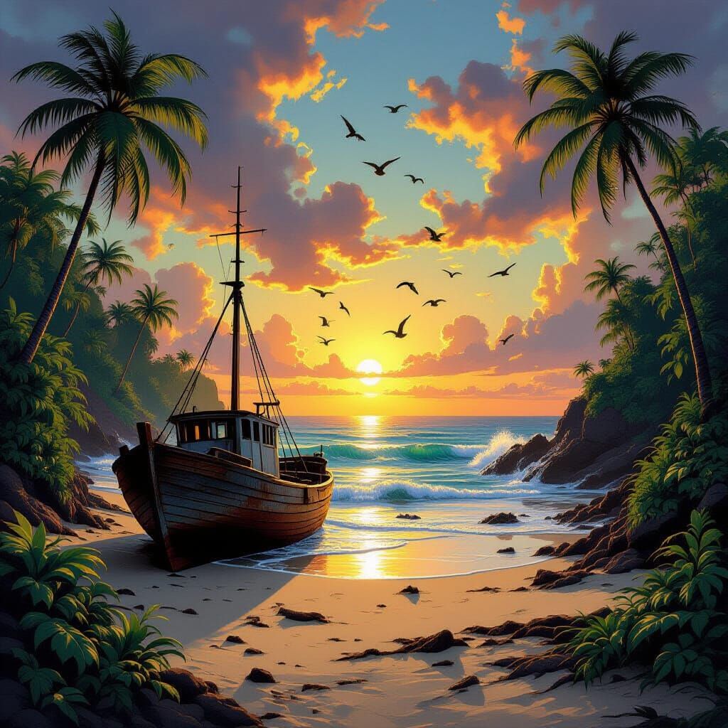 Desolate Island Shipwreck at Sunset, Painterly Style