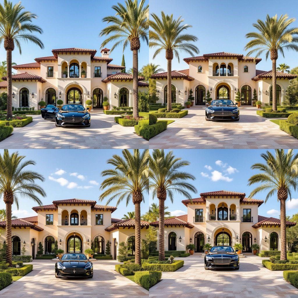 Mediterranean Villa with Sleek Car and Palm Trees