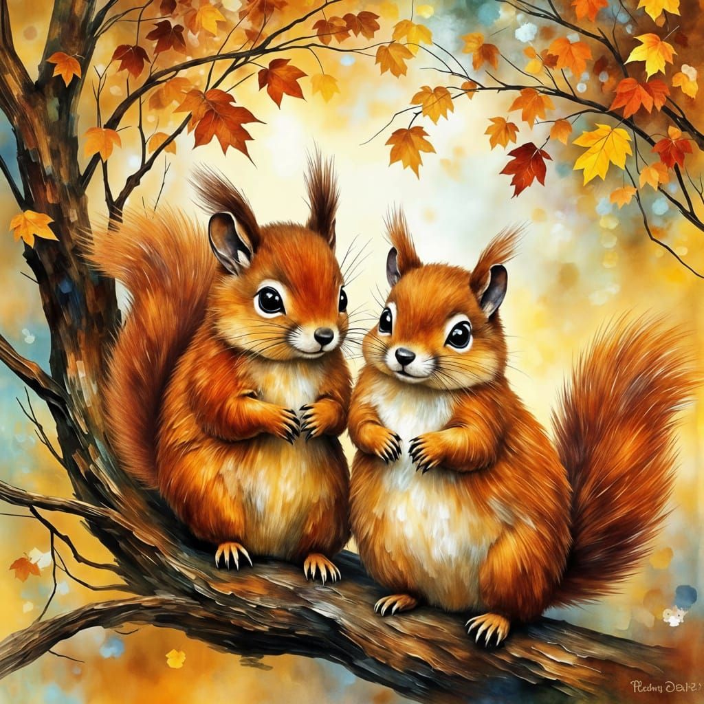 Realistic Squirrels in Autumn Oak Tree Watercolor Style