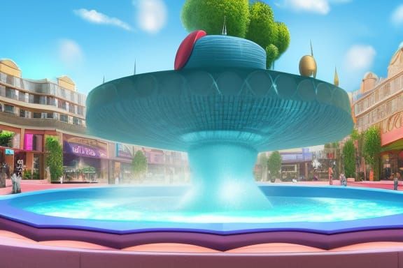 Mall Fountain in Pixar Style 3D Digital Art