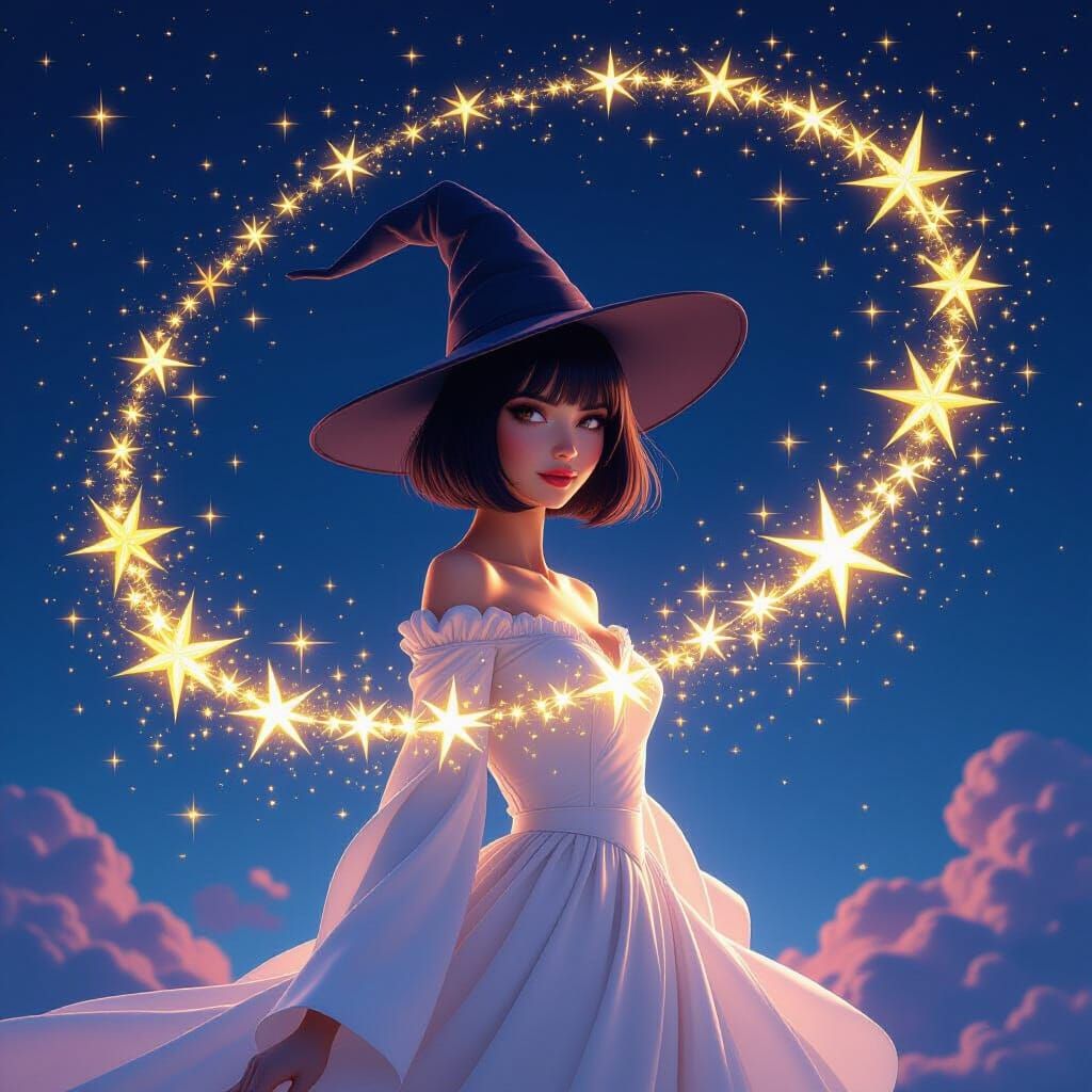 Beautiful Witch Amidst Twinkling Stars in 3D Digital Matte P...