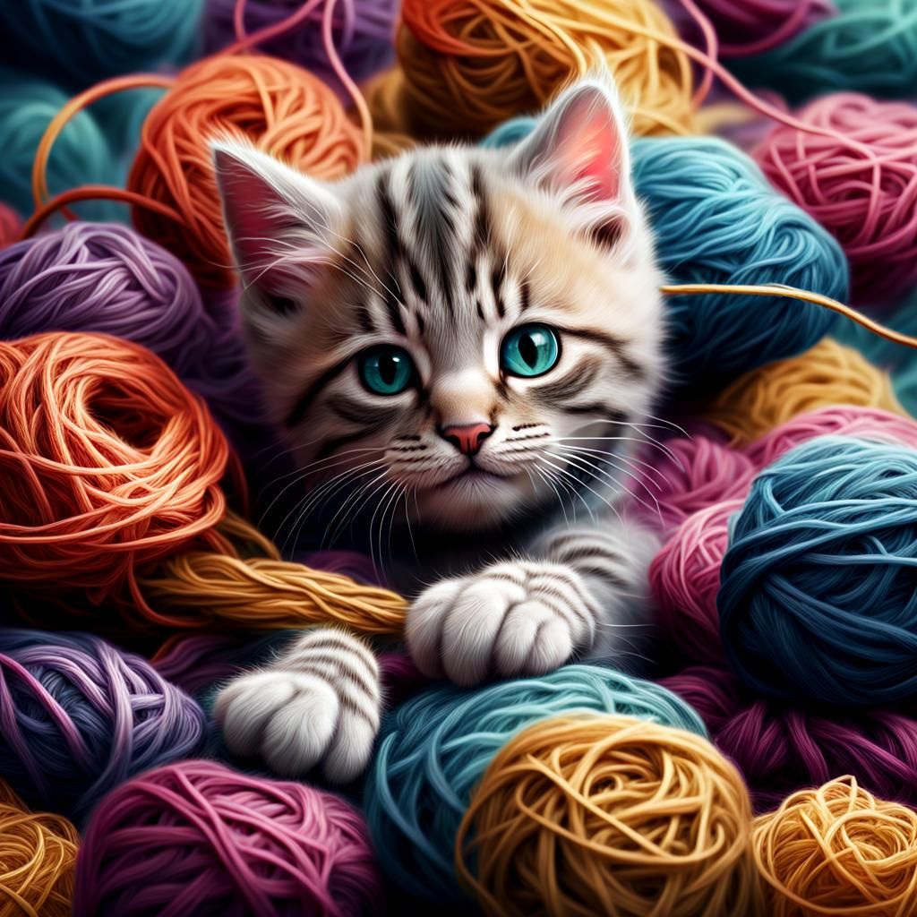 Cute Kitten Playing with Yarn: Digital Matte Painting
