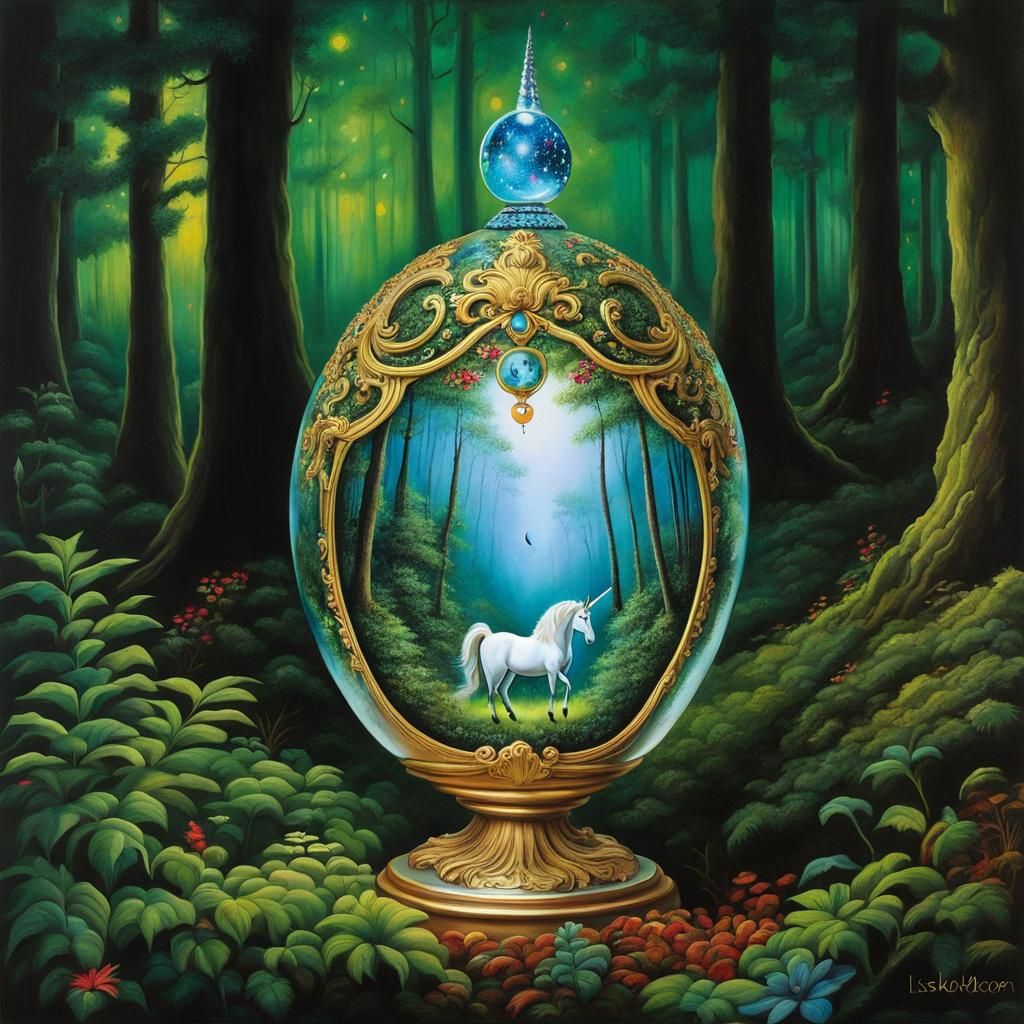 Unicorn Inside Crystal Egg, Fantasy Art