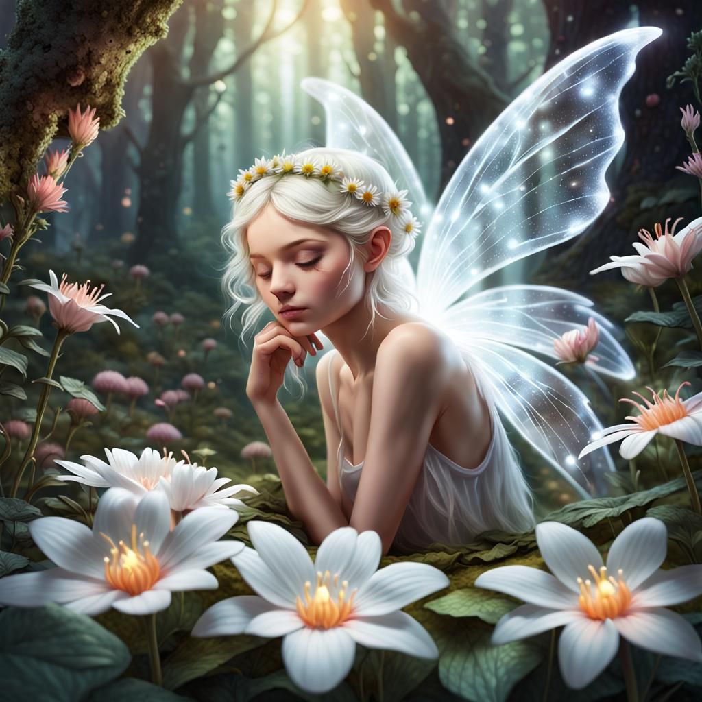 Fairy Sleeping in Magical White Flower