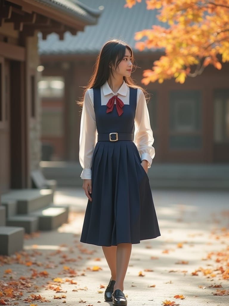 Kaori in Shrine Courtyard with Autumn Leaves