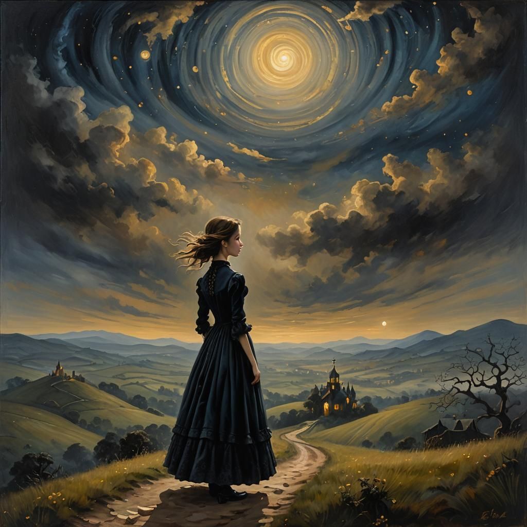 Forlorn Girl Under Starry Night Sky as Zaffre Impasto Oil Pa...