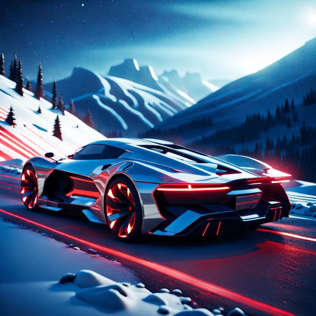 Futuristic Blue Supercar on Snowy Mountain Road