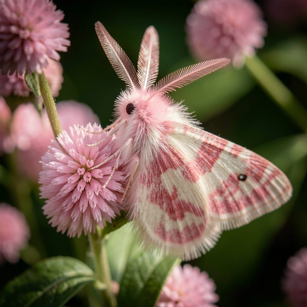 Macro Photo of Fuzzy Pink Moth on Pom-Pom Flowers