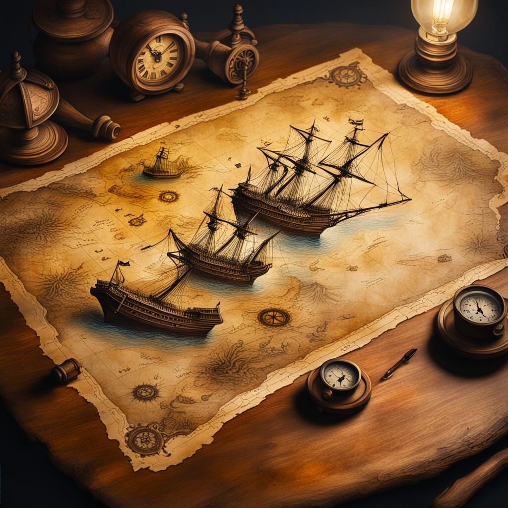 Faded Treasure Map on Pirate Ship, Salvador Dali Style