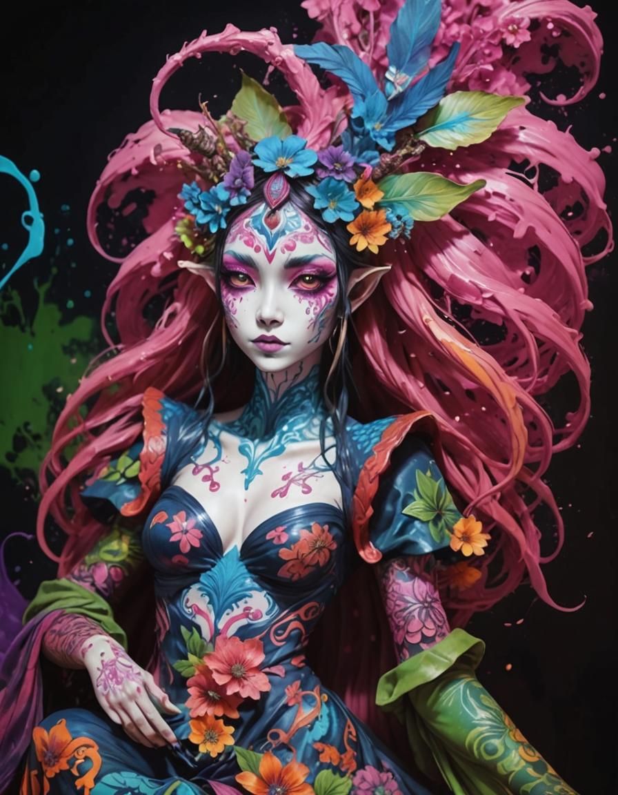 Psychedelic Monster Fairy in Flowing Ink Artwork